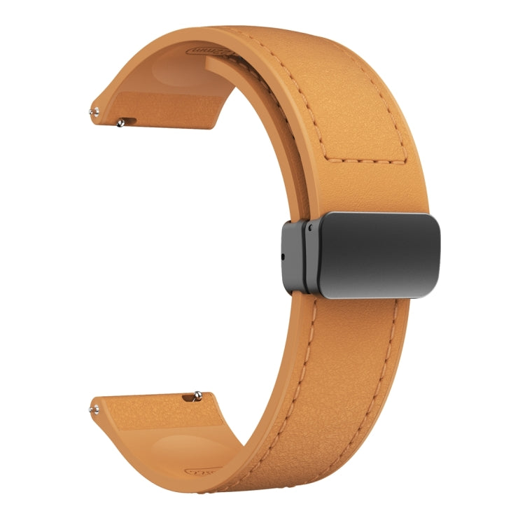 22mm Magnetic Black Buckle Silicone Leather Watch Band - Light Brown