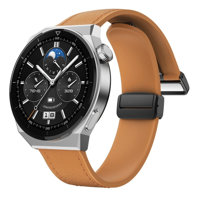 22mm Magnetic Black Buckle Silicone Leather Watch Band - Light Brown