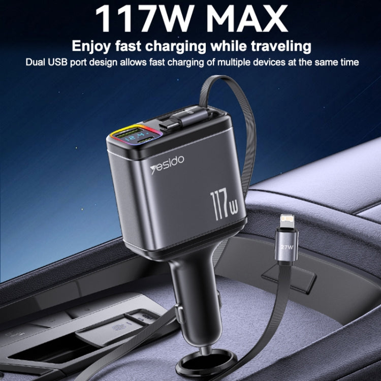 Yesido Y63 4 in 1 117W USB-C / Type-C+USB Multifunctional Retractable Dual Line Digital Display Car Fast Charger - Black