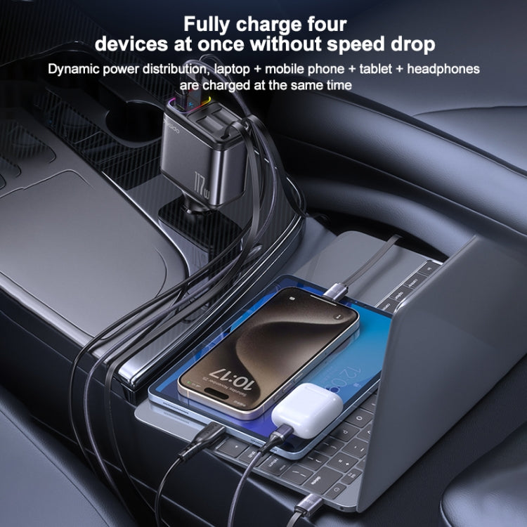 Yesido Y63 4 in 1 117W USB-C / Type-C+USB Multifunctional Retractable Dual Line Digital Display Car Fast Charger - Black
