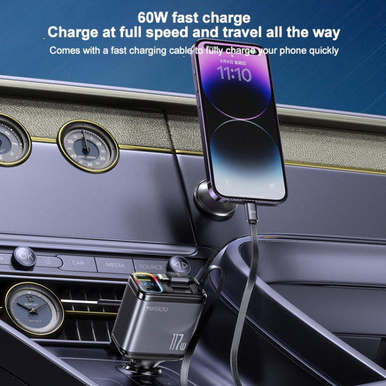 Yesido Y63 4 in 1 117W USB-C / Type-C+USB Multifunctional Retractable Dual Line Digital Display Car Fast Charger - Black