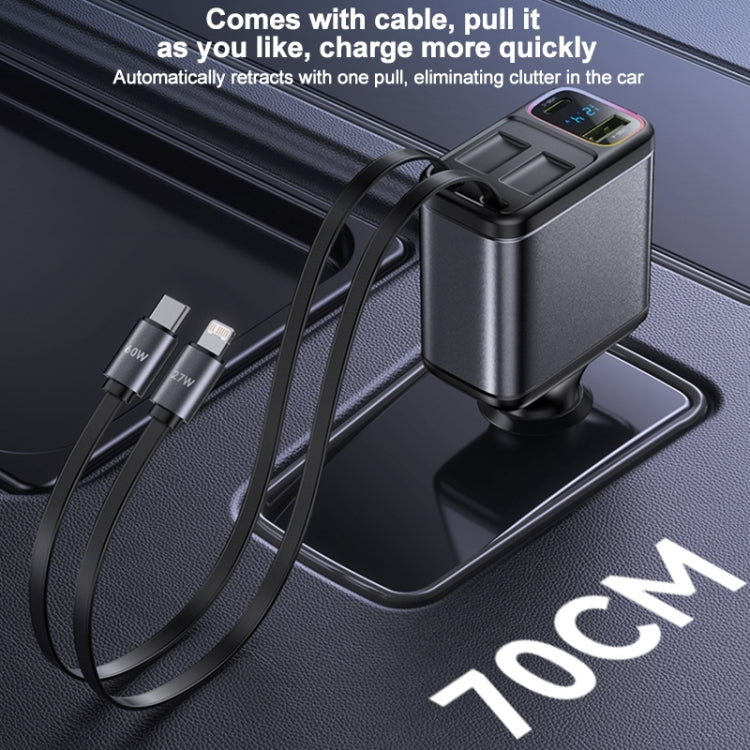 Yesido Y63 4 in 1 117W USB-C / Type-C+USB Multifunctional Retractable Dual Line Digital Display Car Fast Charger - Black