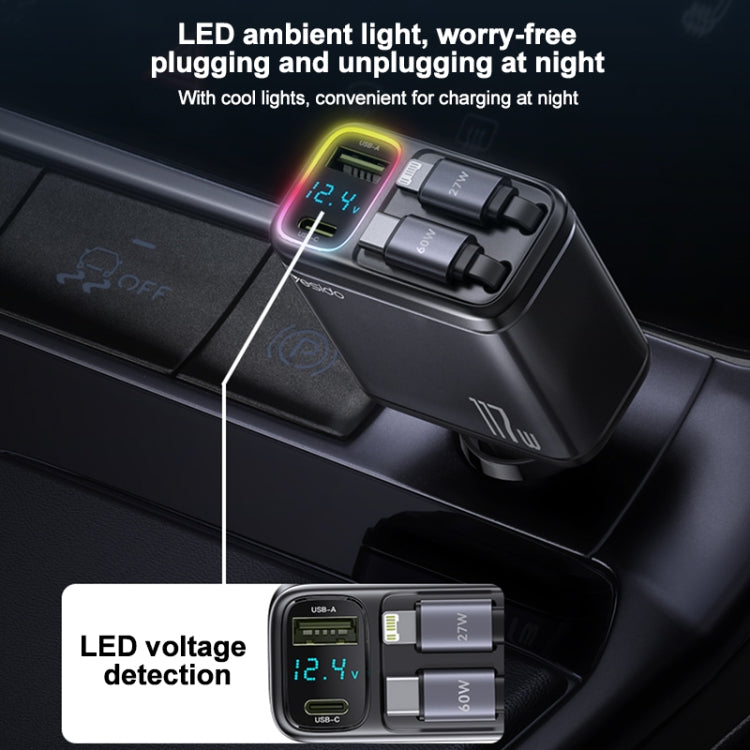 Yesido Y63 4 in 1 117W USB-C / Type-C+USB Multifunctional Retractable Dual Line Digital Display Car Fast Charger - Black