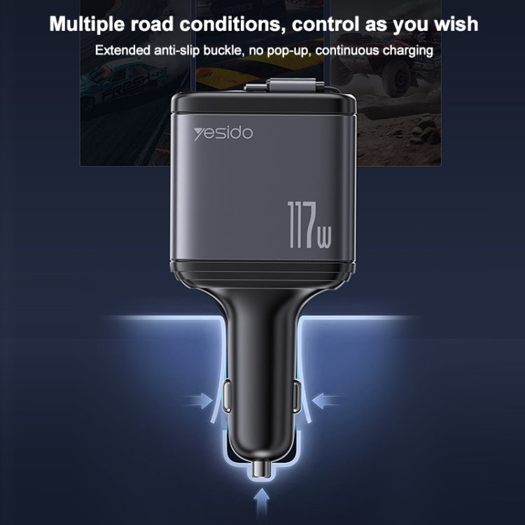 Yesido Y63 4 in 1 117W USB-C / Type-C+USB Multifunctional Retractable Dual Line Digital Display Car Fast Charger - Black