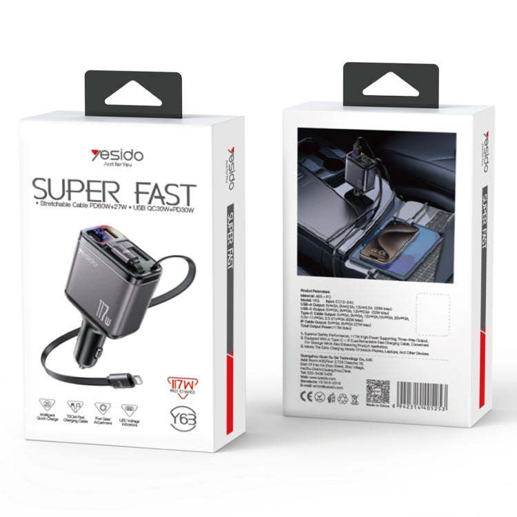 Yesido Y63 4 in 1 117W USB-C / Type-C+USB Multifunctional Retractable Dual Line Digital Display Car Fast Charger - Black
