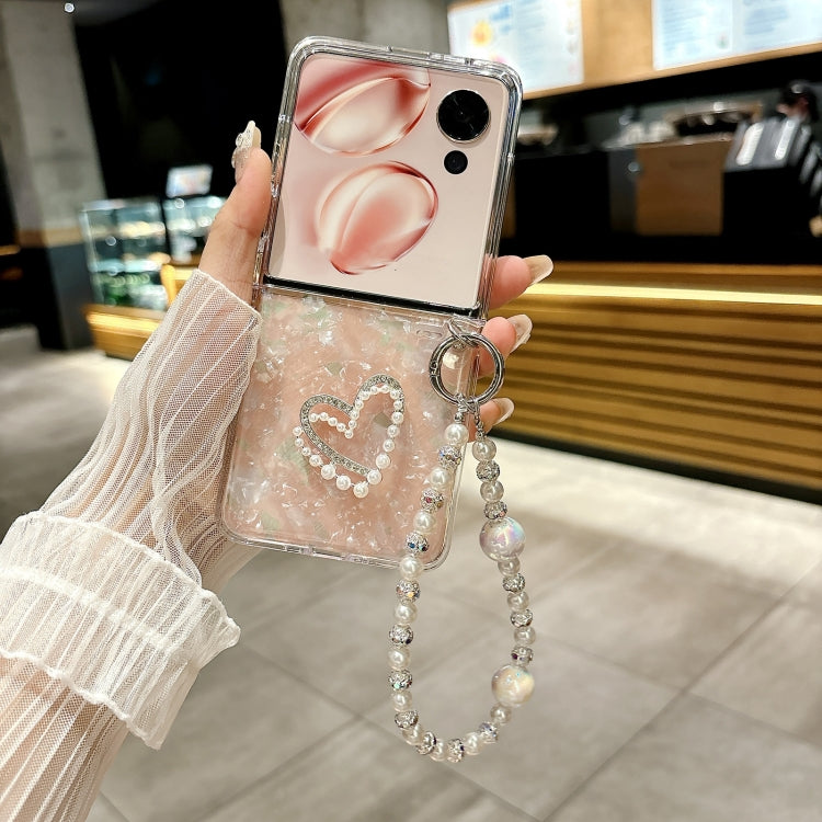 For Honor Magic V Flip Pearlescent Shell Texture Heart Pattern Phone Case with Bracelet