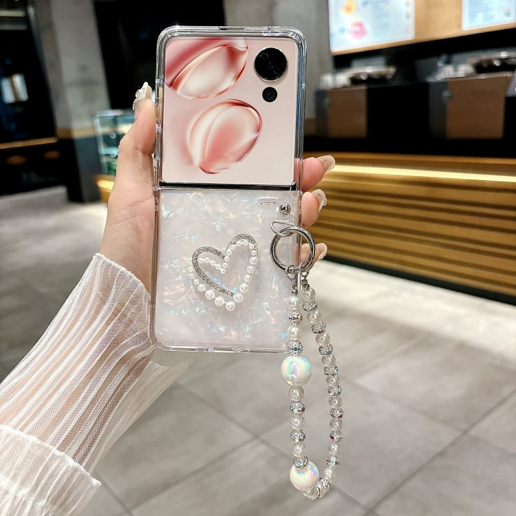 For Honor Magic V Flip Pearlescent Shell Texture Heart Pattern Phone Case with Bracelet