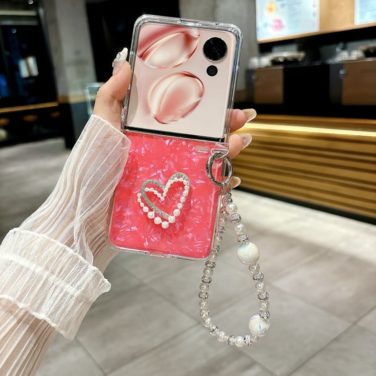 For Honor Magic V Flip Pearlescent Shell Texture Heart Pattern Phone Case with Bracelet