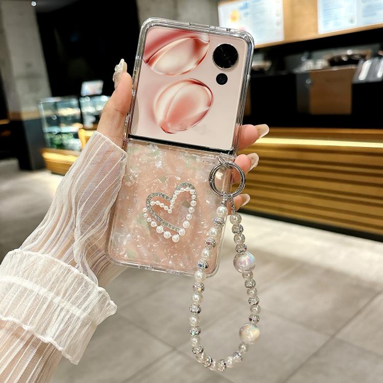 For Honor Magic V Flip 2 Pearlescent Shell Texture Heart Pattern Phone Case with Bracelet