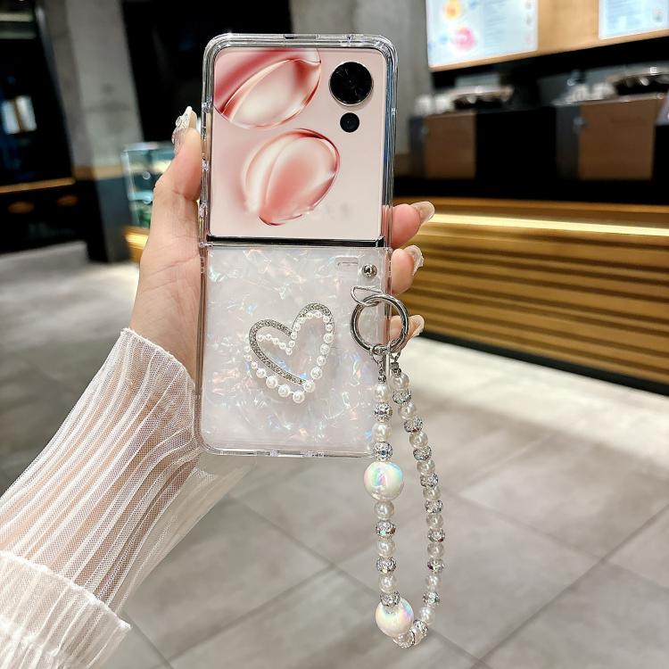 For Honor Magic V Flip 2 Pearlescent Shell Texture Heart Pattern Phone Case with Bracelet