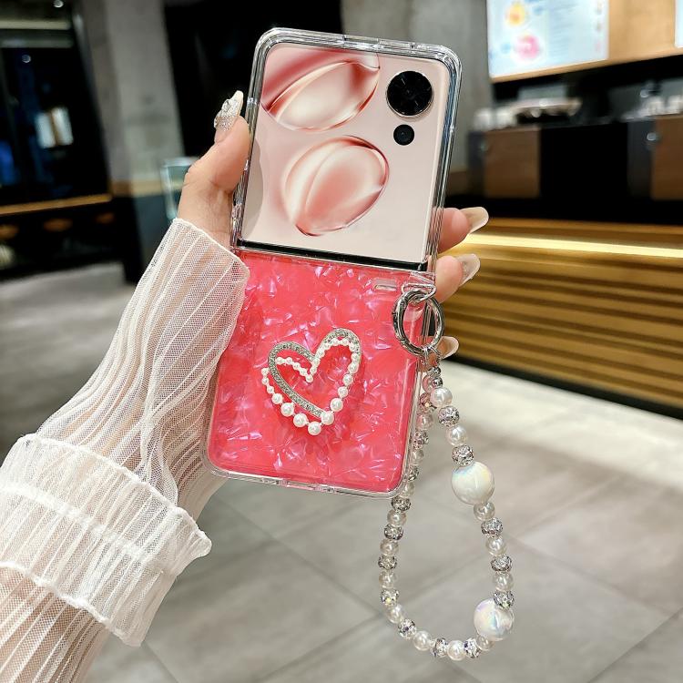 For Honor Magic V Flip 2 Pearlescent Shell Texture Heart Pattern Phone Case with Bracelet