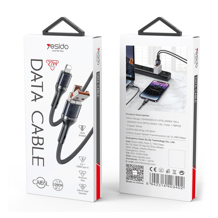 Yesido CA165L 27W USB + USB-C / Type-C to 8 Pin 2 in 1 Fast Charging Data Cable, Length:1.2m - Black