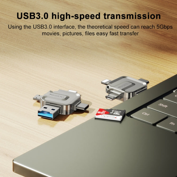 Yesido GS23 USB 3.0 to USB-C / Type-C, Micro USB, 8 Pin 4 in 1 Card Reader - Gold