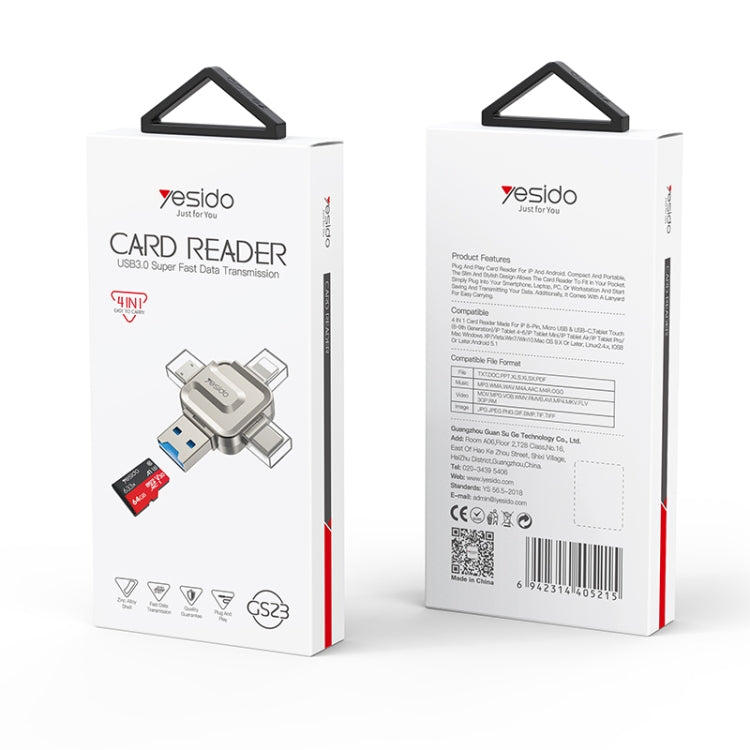 Yesido GS23 USB 3.0 to USB-C / Type-C, Micro USB, 8 Pin 4 in 1 Card Reader - Gold