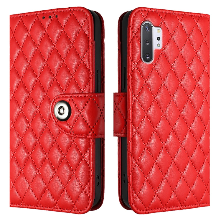 For Samsung Galaxy Note10+ Rhombic Texture Flip Leather Phone Case with Lanyard