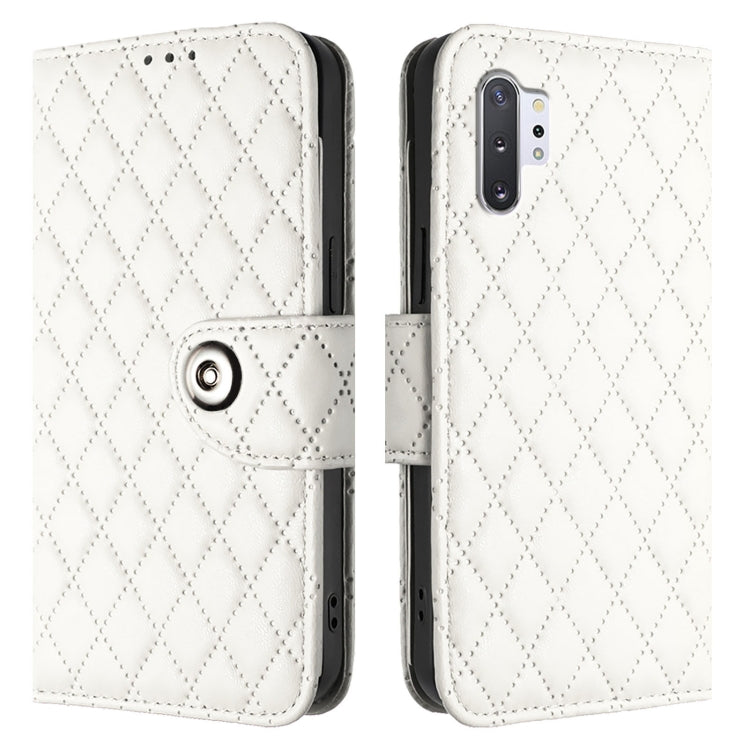 For Samsung Galaxy Note10+ Rhombic Texture Flip Leather Phone Case with Lanyard