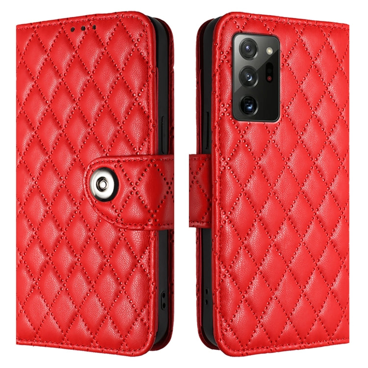 For Samsung Galaxy Note20 Rhombic Texture Flip Leather Phone Case with Lanyard