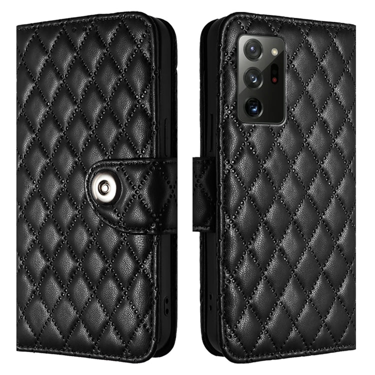 For Samsung Galaxy Note20 Rhombic Texture Flip Leather Phone Case with Lanyard