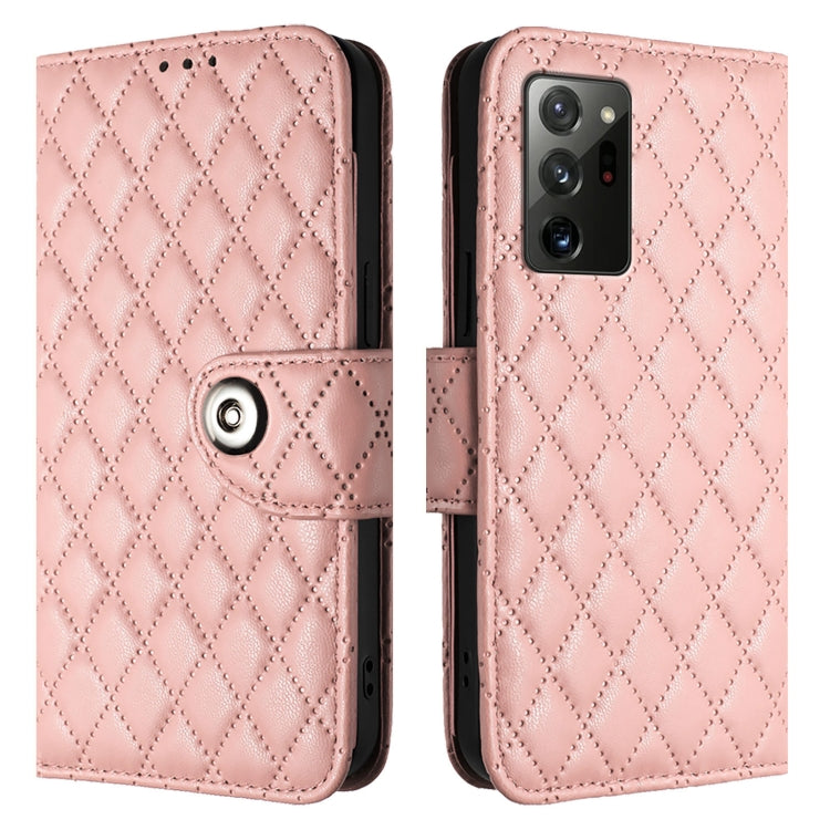 For Samsung Galaxy Note20 Rhombic Texture Flip Leather Phone Case with Lanyard