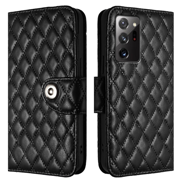 For Samsung Galaxy Note20 Ultra Rhombic Texture Flip Leather Phone Case with Lanyard