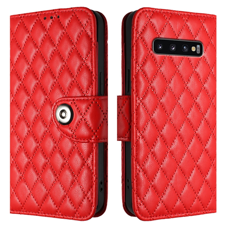 For Samsung Galaxy S10 Rhombic Texture Flip Leather Phone Case with Lanyard