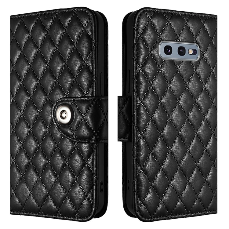 For Samsung Galaxy S10e Rhombic Texture Flip Leather Phone Case with Lanyard