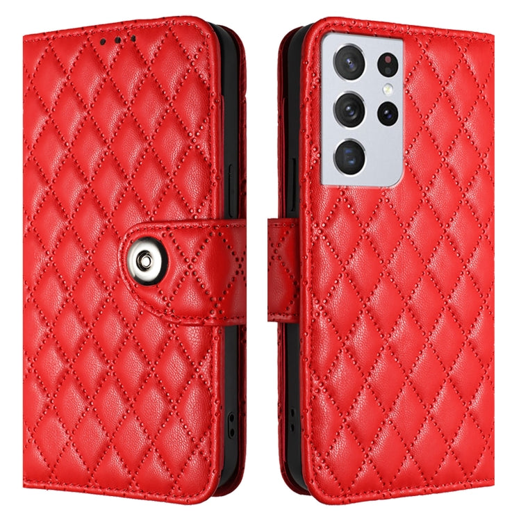 For Samsung Galaxy S21 Ultra 5G Rhombic Texture Flip Leather Phone Case with Lanyard