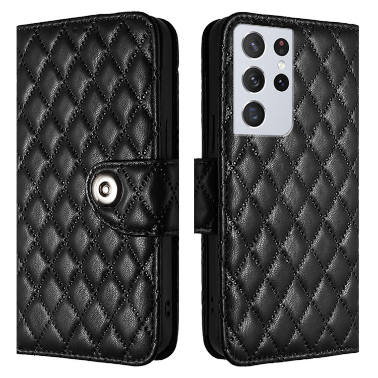 For Samsung Galaxy S21 Ultra 5G Rhombic Texture Flip Leather Phone Case with Lanyard