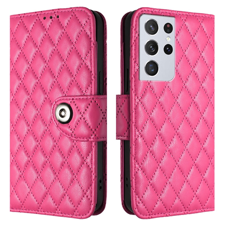 For Samsung Galaxy S21 Ultra 5G Rhombic Texture Flip Leather Phone Case with Lanyard