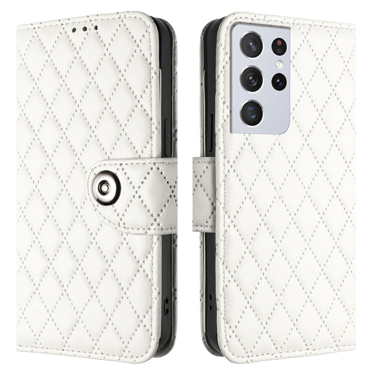 For Samsung Galaxy S21 Ultra 5G Rhombic Texture Flip Leather Phone Case with Lanyard