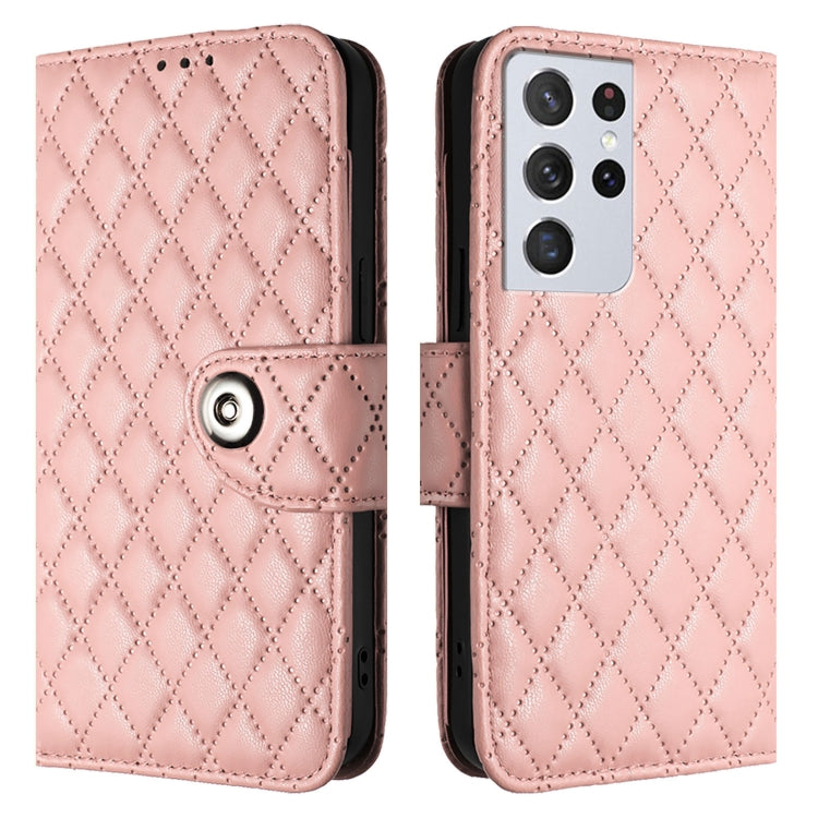 For Samsung Galaxy S21 Ultra 5G Rhombic Texture Flip Leather Phone Case with Lanyard