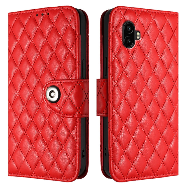 For Samsung Galaxy Xcover6 Pro Rhombic Texture Flip Leather Phone Case with Lanyard