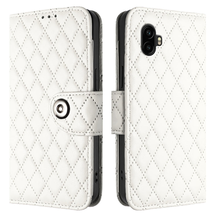 For Samsung Galaxy Xcover6 Pro Rhombic Texture Flip Leather Phone Case with Lanyard