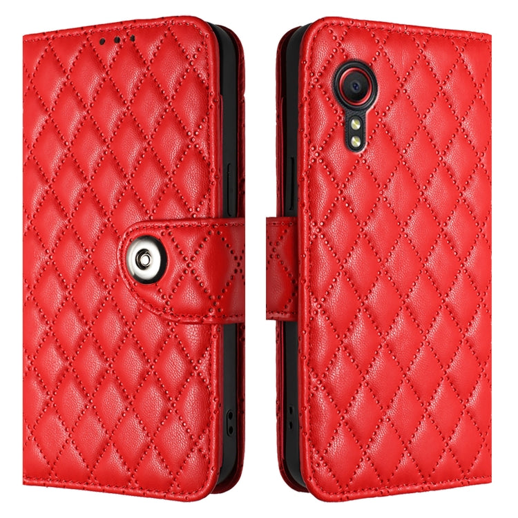 For Samsung Galaxy Xcover 5 Rhombic Texture Flip Leather Phone Case with Lanyard