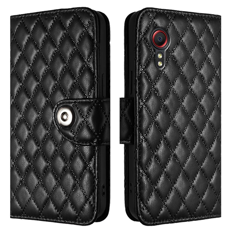 For Samsung Galaxy Xcover 5 Rhombic Texture Flip Leather Phone Case with Lanyard