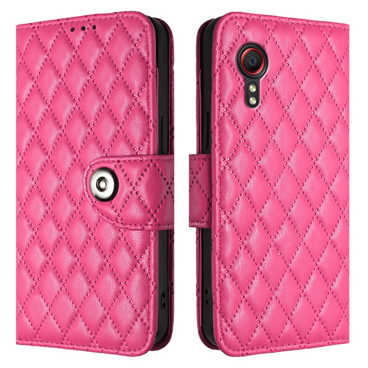 For Samsung Galaxy Xcover 5 Rhombic Texture Flip Leather Phone Case with Lanyard