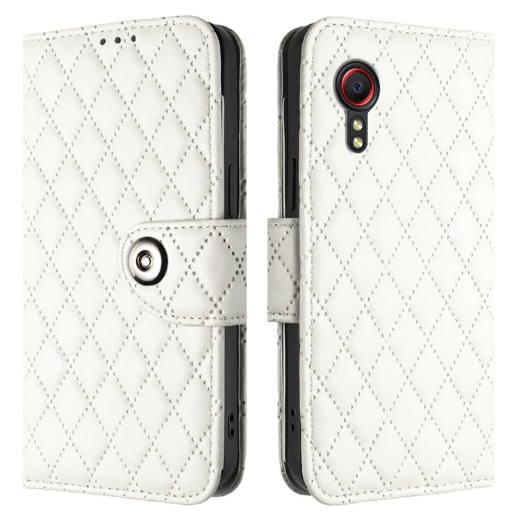 For Samsung Galaxy Xcover 5 Rhombic Texture Flip Leather Phone Case with Lanyard