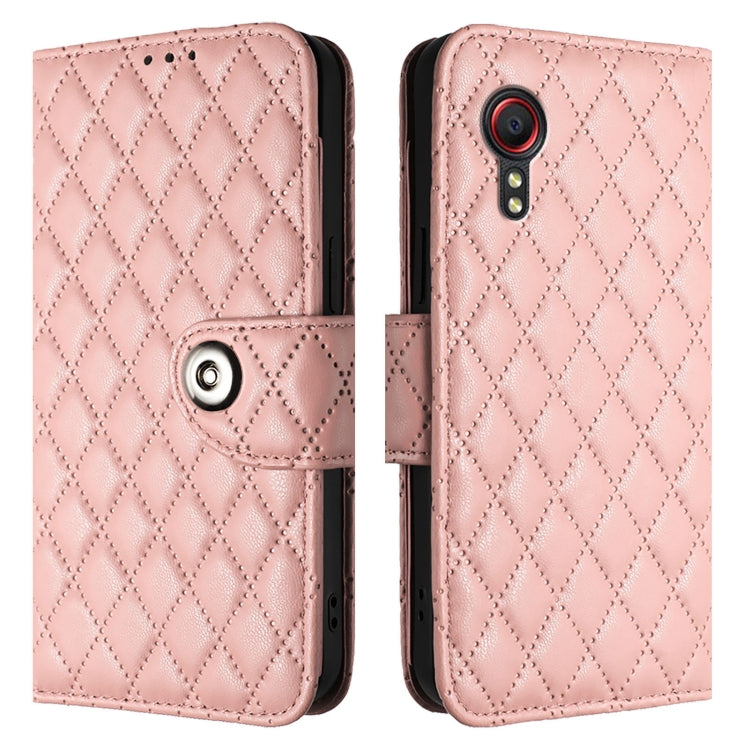 For Samsung Galaxy Xcover 5 Rhombic Texture Flip Leather Phone Case with Lanyard