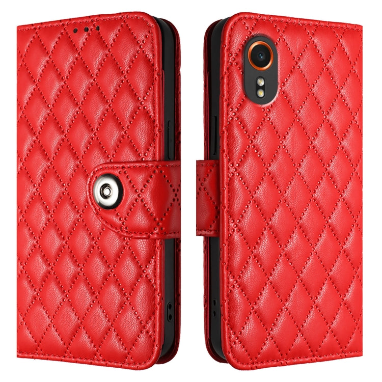 For Samsung Galaxy Xcover7 Rhombic Texture Flip Leather Phone Case with Lanyard