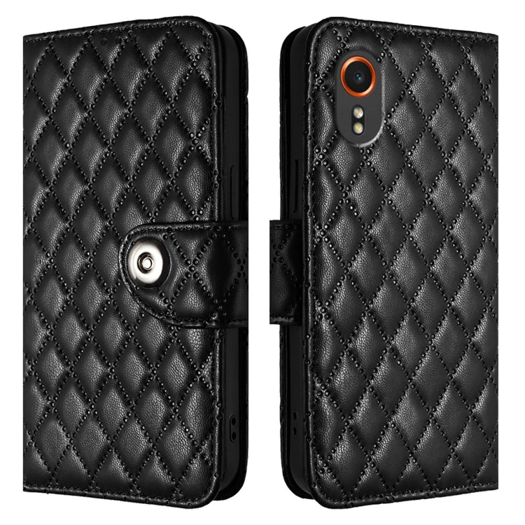 For Samsung Galaxy Xcover7 Rhombic Texture Flip Leather Phone Case with Lanyard