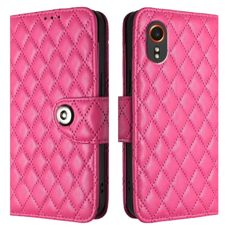 For Samsung Galaxy Xcover7 Rhombic Texture Flip Leather Phone Case with Lanyard