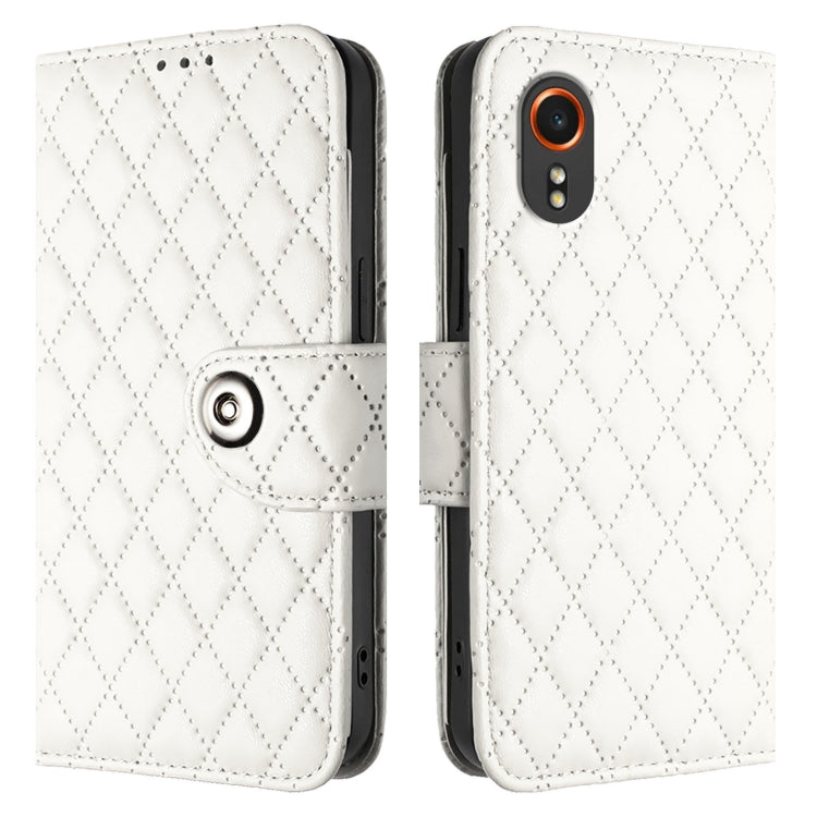 For Samsung Galaxy Xcover7 Rhombic Texture Flip Leather Phone Case with Lanyard