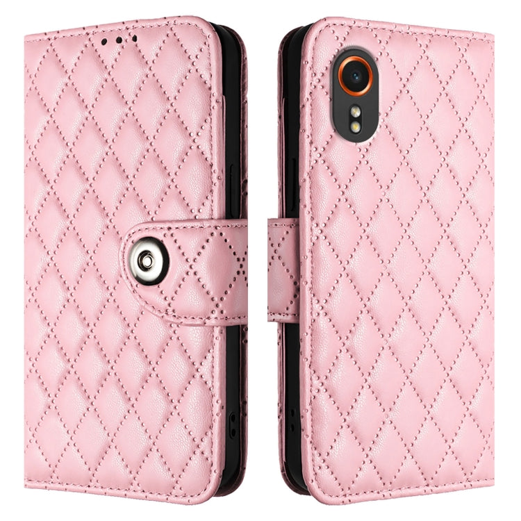 For Samsung Galaxy Xcover7 Rhombic Texture Flip Leather Phone Case with Lanyard
