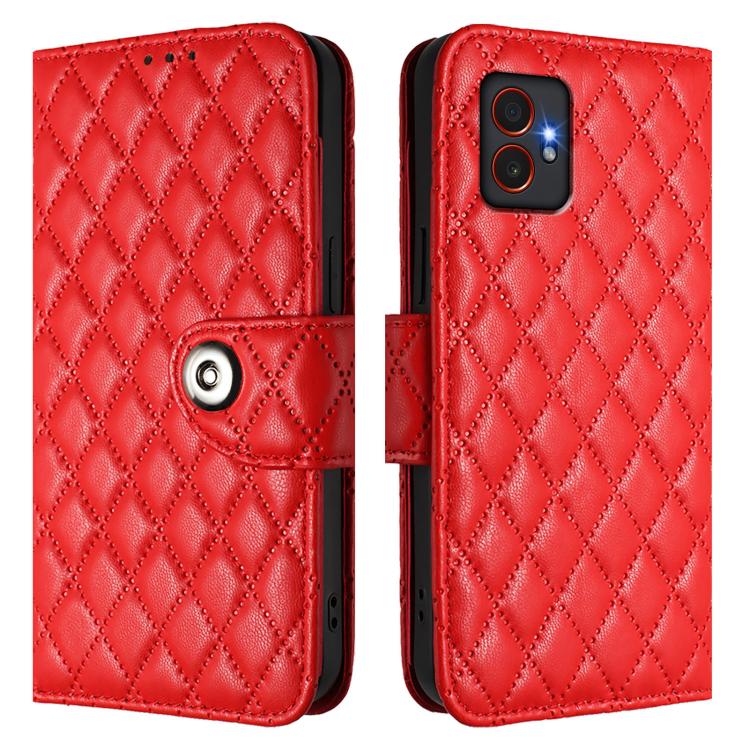 For Samsung Galaxy XCover7 Pro Rhombic Texture Flip Leather Phone Case with Lanyard
