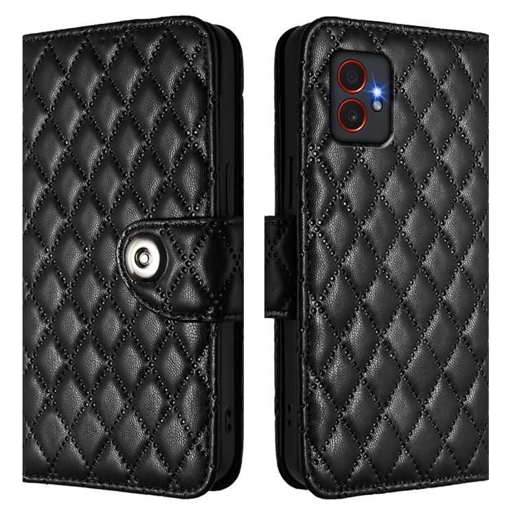 For Samsung Galaxy XCover7 Pro Rhombic Texture Flip Leather Phone Case with Lanyard
