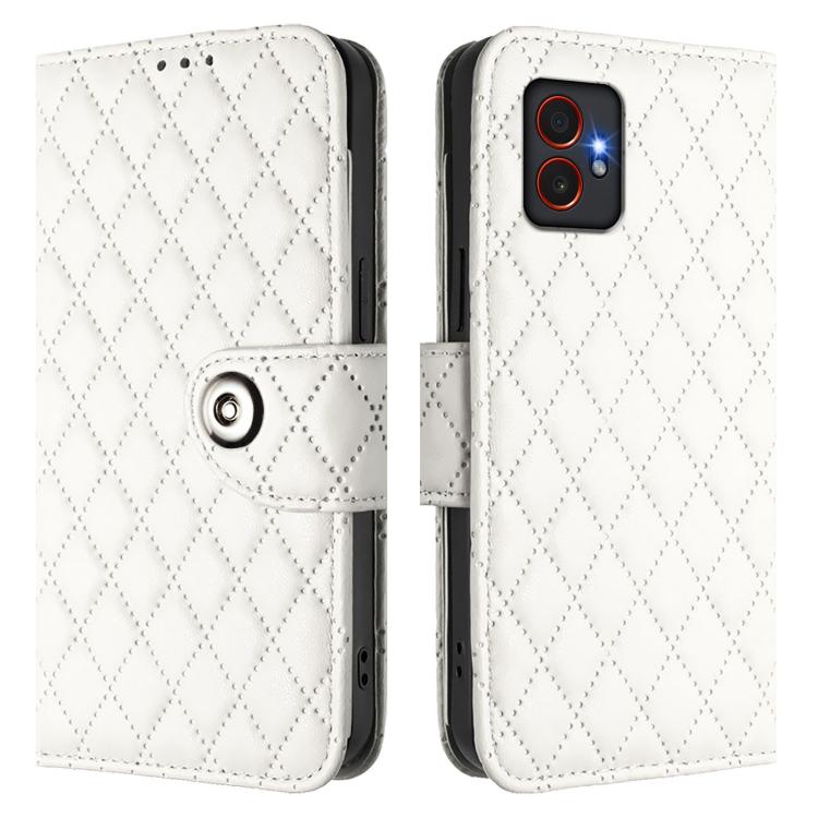 For Samsung Galaxy XCover7 Pro Rhombic Texture Flip Leather Phone Case with Lanyard
