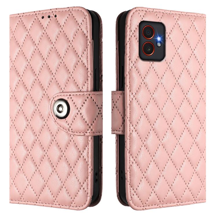 For Samsung Galaxy XCover7 Pro Rhombic Texture Flip Leather Phone Case with Lanyard