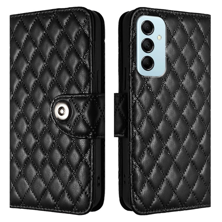 For Samsung Galaxy M14 5G Global  Rhombic Texture Flip Leather Phone Case with Lanyard
