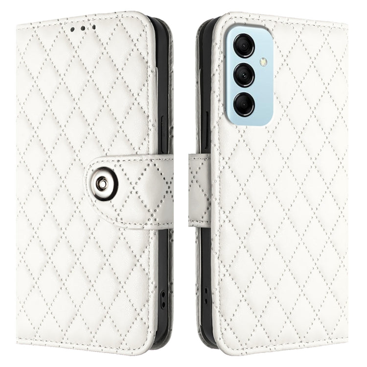 For Samsung Galaxy M14 5G Global  Rhombic Texture Flip Leather Phone Case with Lanyard