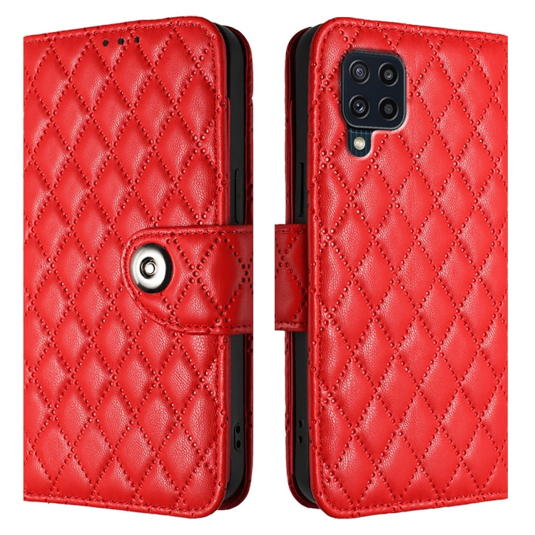 For Samsung Galaxy M32 4G / M22 Rhombic Texture Flip Leather Phone Case with Lanyard